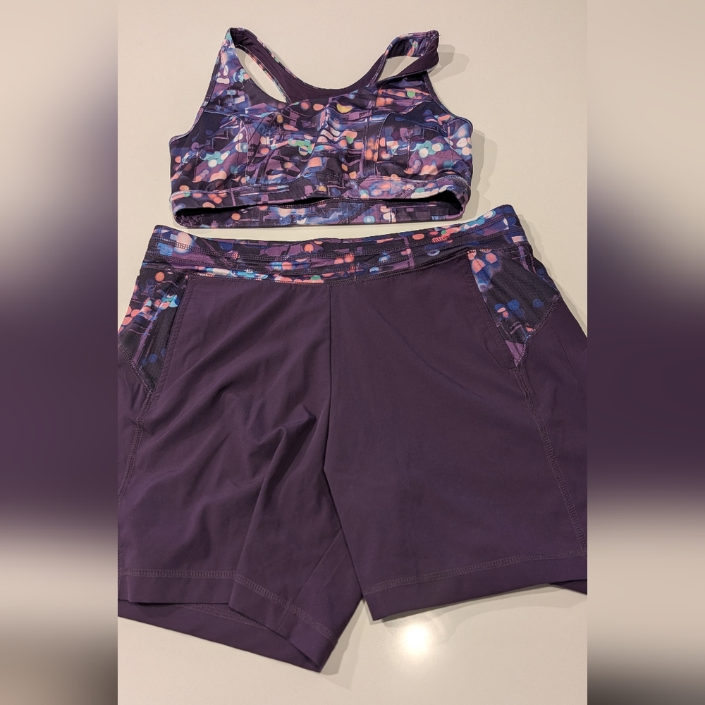 tek gear Purple Athletic Shorts with Patterned Trim & Matching Top.